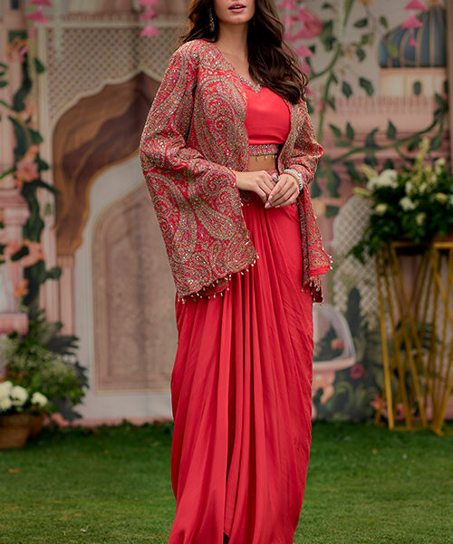 Red Skirt Set with Short Jacket
