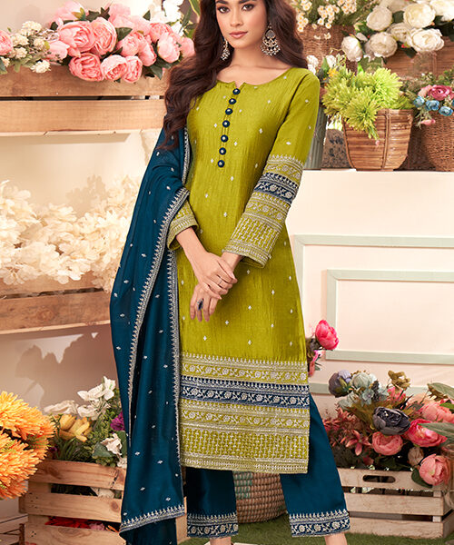 Green Vichitra Silk Kurta Set with contrast dupatta