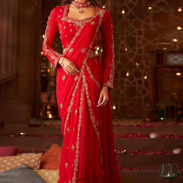 Elegant Red Georgette Pre-Draped Saree with Embroidery