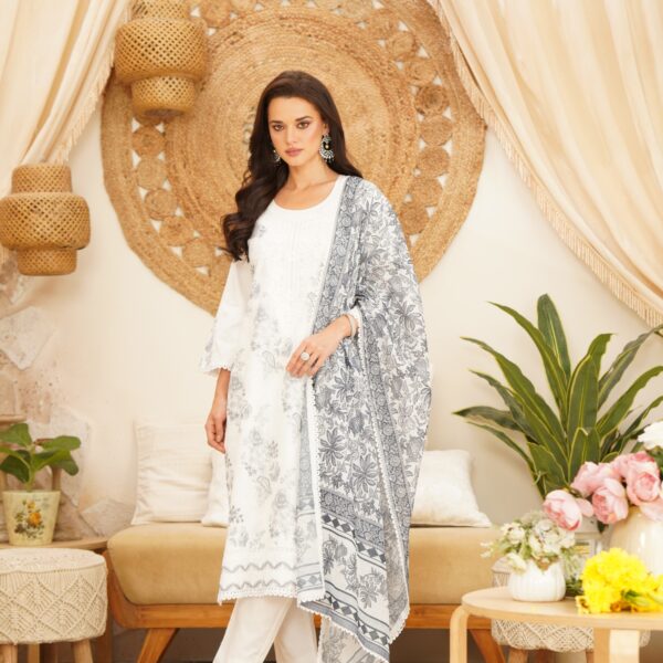 White Mull Cotton Printed Dupatta Straight Suit