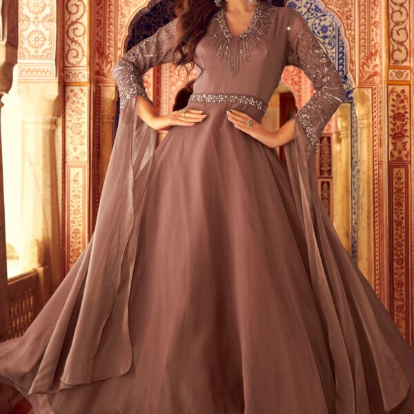 Brown Taupe Shimmer Embellished Gown