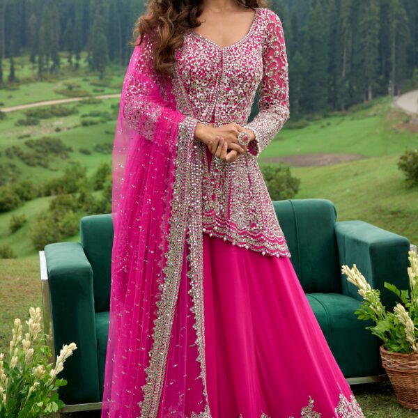 Hot Pink Embroidered Peplum Lehenga with Dupatta