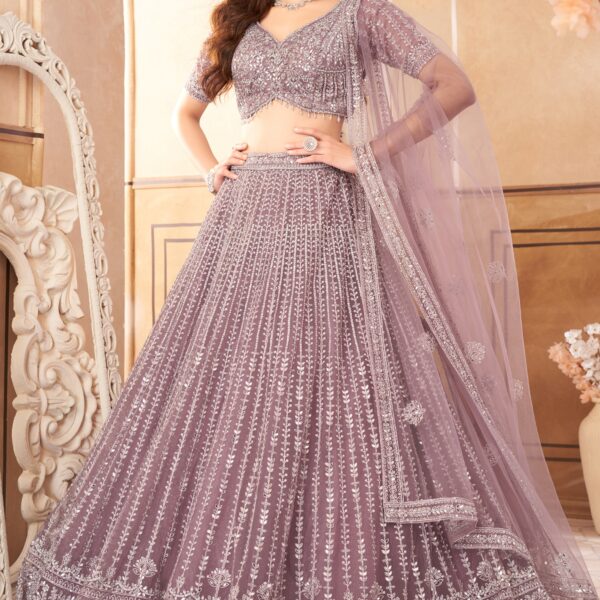 Designer Lavender Net Embroidered Lehenga Set