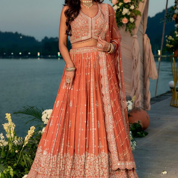 Burnt Orange Chinon Embroidered Lehenga Set