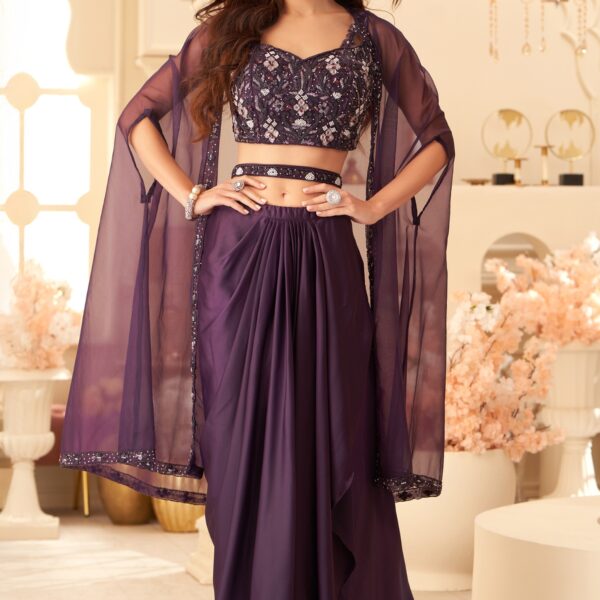 Deep Purple Natural Crepe Cape Set with Embroidered Blouse