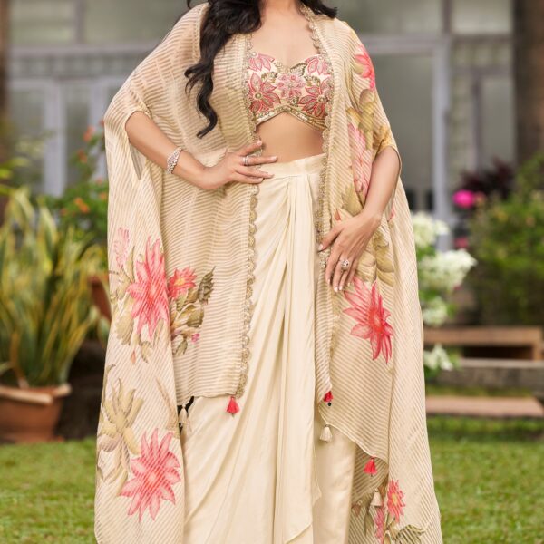 Floral Cream Cape Set in Natural Crepe