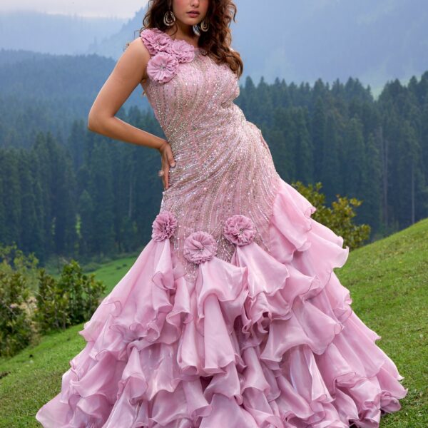 Blooming Blush Ruffle Gown in Light Pink Organza