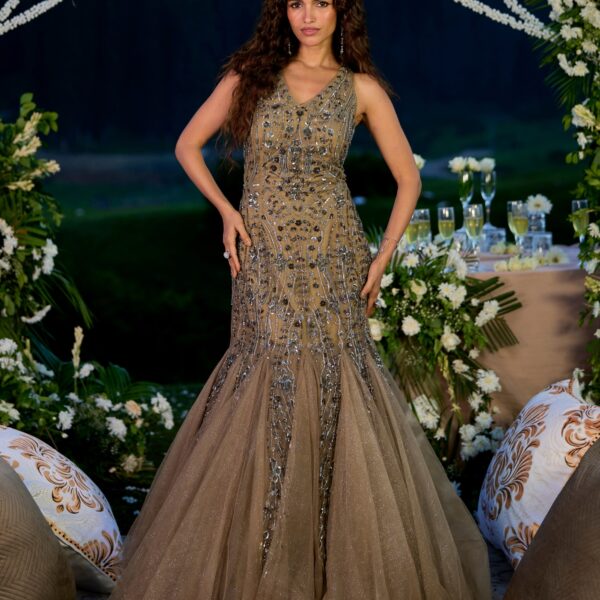 Champagne Gold Mermaid Gown in Net