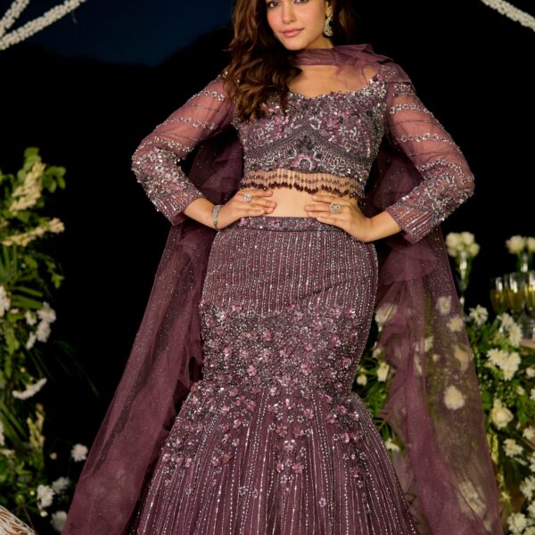 Wine Whisper Fish Cut Lehenga in Net