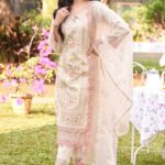Cream Floral Embroidered Straight Suit in Cotton