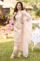 Cream Floral Embroidered Straight Suit in Cotton