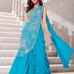 Sky Blue Pre-Draped Saree in Crepe