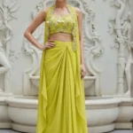 Lime Glow Satin Cape Set with Draped Skirt