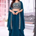 Teal Blue Embroidered Crepe Cape Set