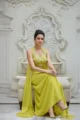Lime Glow Satin Cape Set with Draped Skirt - Image 2