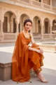 Burnt Orange Cotton Kurta Set with Embroidery & Dupatta - Image 3