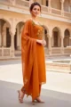 Burnt Orange Cotton Kurta Set with Embroidery & Dupatta - Image 2