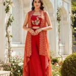 Crimson Red Crepe Co-Ord Set with Printed Cape