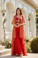 Crimson Red Crepe Co-Ord Set with Printed Cape