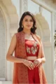 Crimson Red Crepe Co-Ord Set with Printed Cape - Image 2