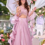 Blush Pink Embellished Lehenga Set with Ruffle Dupatta in Organza