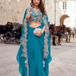 Teal Blue Embroidered Draped Skirt and Shrug Set in Crepe
