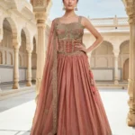 Peach Embroidered Corset Lehenga Set in Tissue