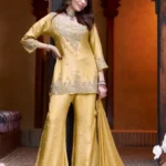 Mustard Yellow Embroidered Shimmer Sharara Set | Festive Wedding Wear