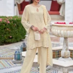 Designer Cream Georgette Kurta Set with Hand-embroidered Sequin Work, featuring Bell Sleeves, Palazzo Pants with Lace Borders, and a Matching Dupatta for Premium Festive Wear.