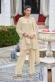 Designer Cream Georgette Kurta Set with Hand-embroidered Sequin Work, featuring Bell Sleeves, Palazzo Pants with Lace Borders, and a Matching Dupatta for Premium Festive Wear.