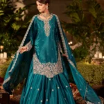 Teal Blue Embroidered Crepe Gharara Set