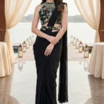 Black Embroidered Pre‑Draped Saree Set in Georgette