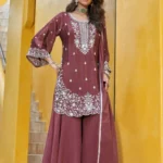 Mauve Embroidered Kurta Palazzo Set
