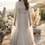 White Embellished Fishcut Lehenga with Cape