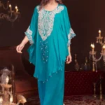 Turquoise Blue Chinon Kaftan Palazzo Set| Embroidered Ethnic Wear