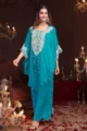 Turquoise Blue Chinon Kaftan Palazzo Set| Embroidered Ethnic Wear