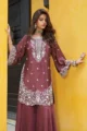 Mauve Embroidered Kurta Palazzo Set - Image 2