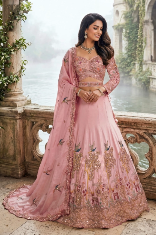 Designer Pink Lehenga in Luxury Ethnic Wear style with Intricate Zari Embroidery and Sequin Work, perfect for a Sangeet Outfit or Bridesmaid Fashion.