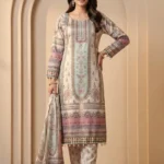Model in a premium white printed A-line kurta set with matching straight pants and dupatta featuring intricate pastel floral patterns