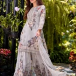 Grey Printed Crepe Palazzo Set for Women in Summer Fusion Wear style, featuring a Digital Floral Print Kurta with Intricate Neckline Embroidery and a Matching Chiffon Dupatta.