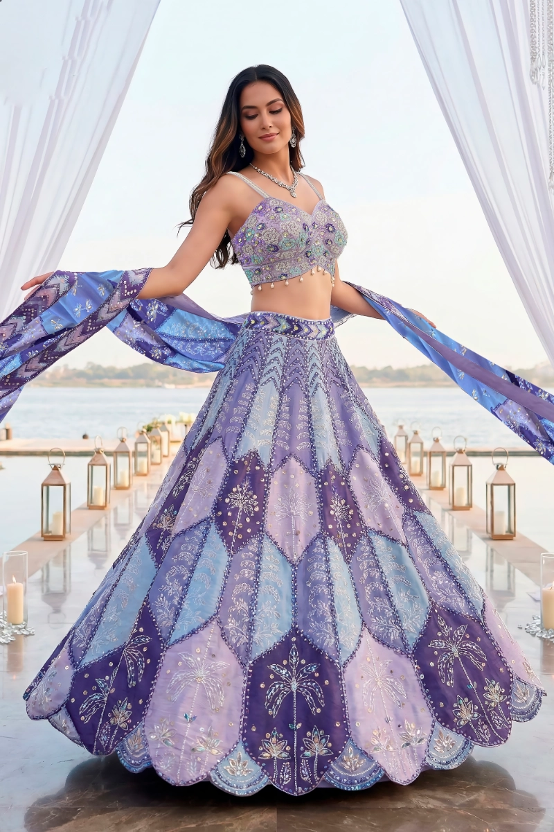 1.1 Purple Mirror & Pearl Embroidered Silk Printed Lehenga Set for Wedding & Sangeet - Image 1