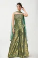 Sysha's Forest Green Indo-Western Palazzo Set. Crafted from premium Banarasi this peplum corset set is a must-have for Mehendi and Sangeet functions. Shop our latest festive collection.