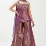 Royal Purple Brocade Corset & Flared Palazzo Set with Embellished Neckline