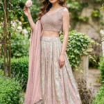 Dusty Pink Embellished Silk Lehenga Set with Pastel Floral Pleated Skirt