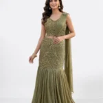 Olive Green Shimmer Organza Pre-Draped Saree for Sangeet, and wedding guest wear