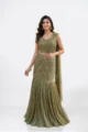 Olive Green Shimmer Organza Pre-Draped Saree for Sangeet, and wedding guest wear
