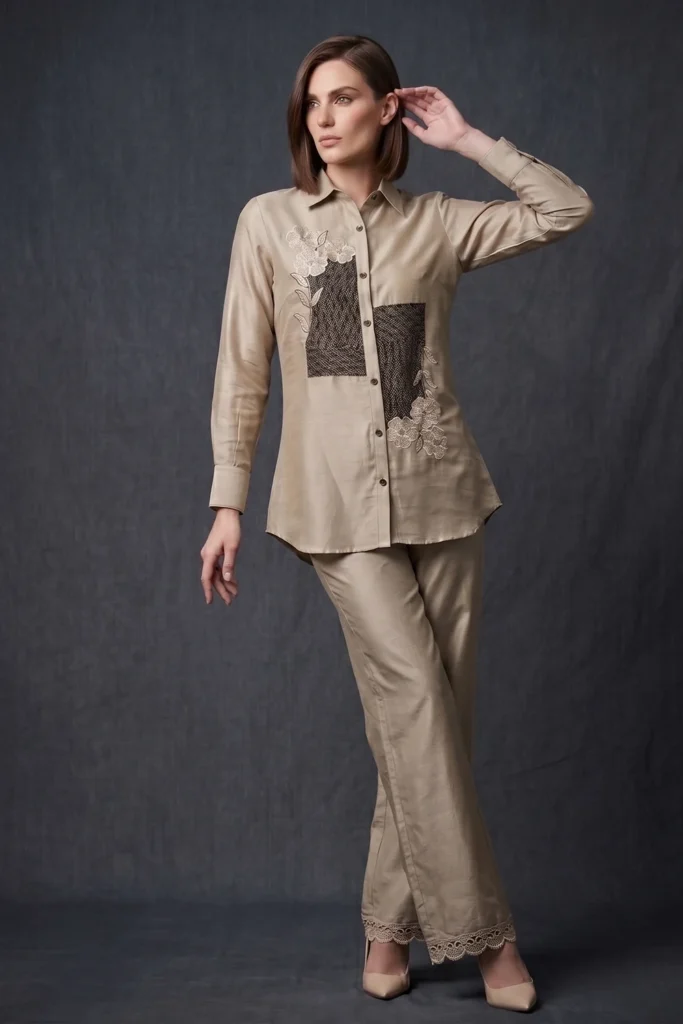 Beige Roman Silk Co-Ord Set