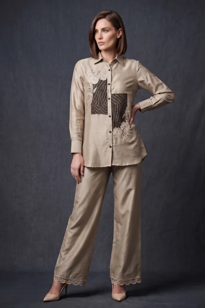Model wearing the elegant 2 Piece Beige Roman Silk Festive Co-Ord Set.