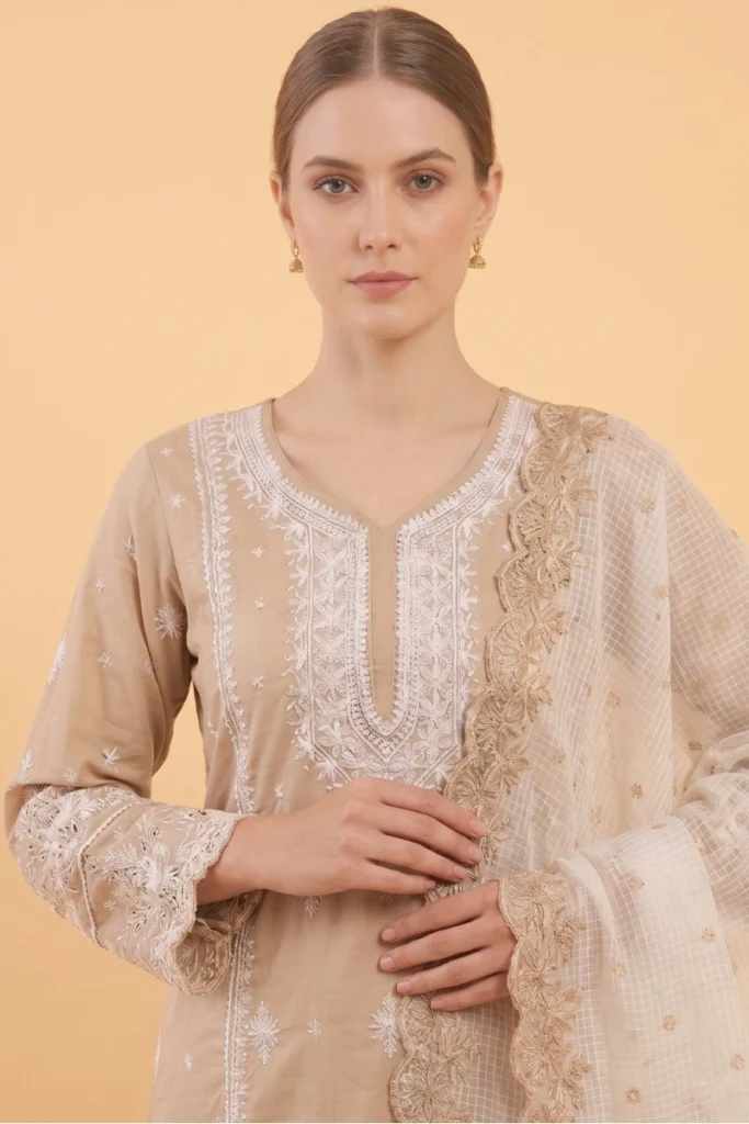 Beige Mull Cotton Chikankari Kurta Set