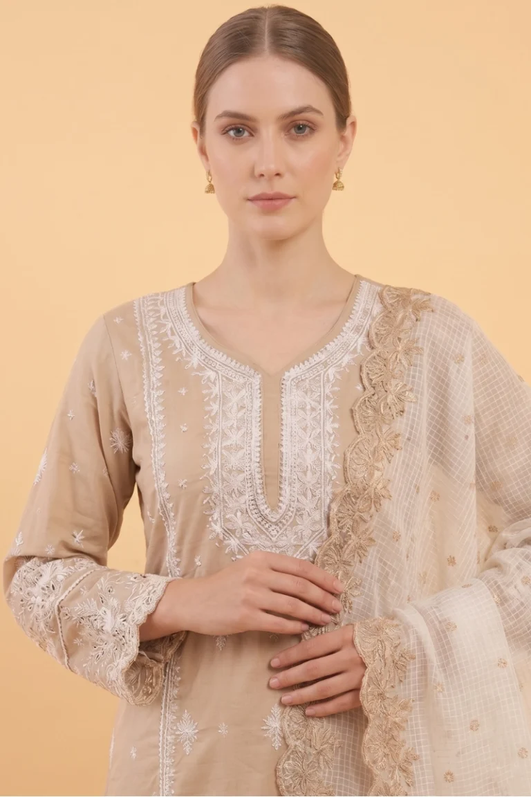 Beige Mull Cotton Chikankari Kurta Set